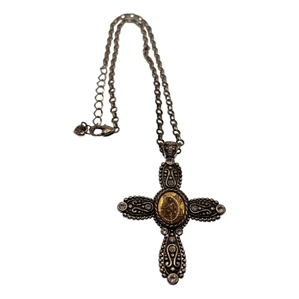 Brighton Necklace Angel Cross Pendant Silver Tone Gold Medallion Rhinestones